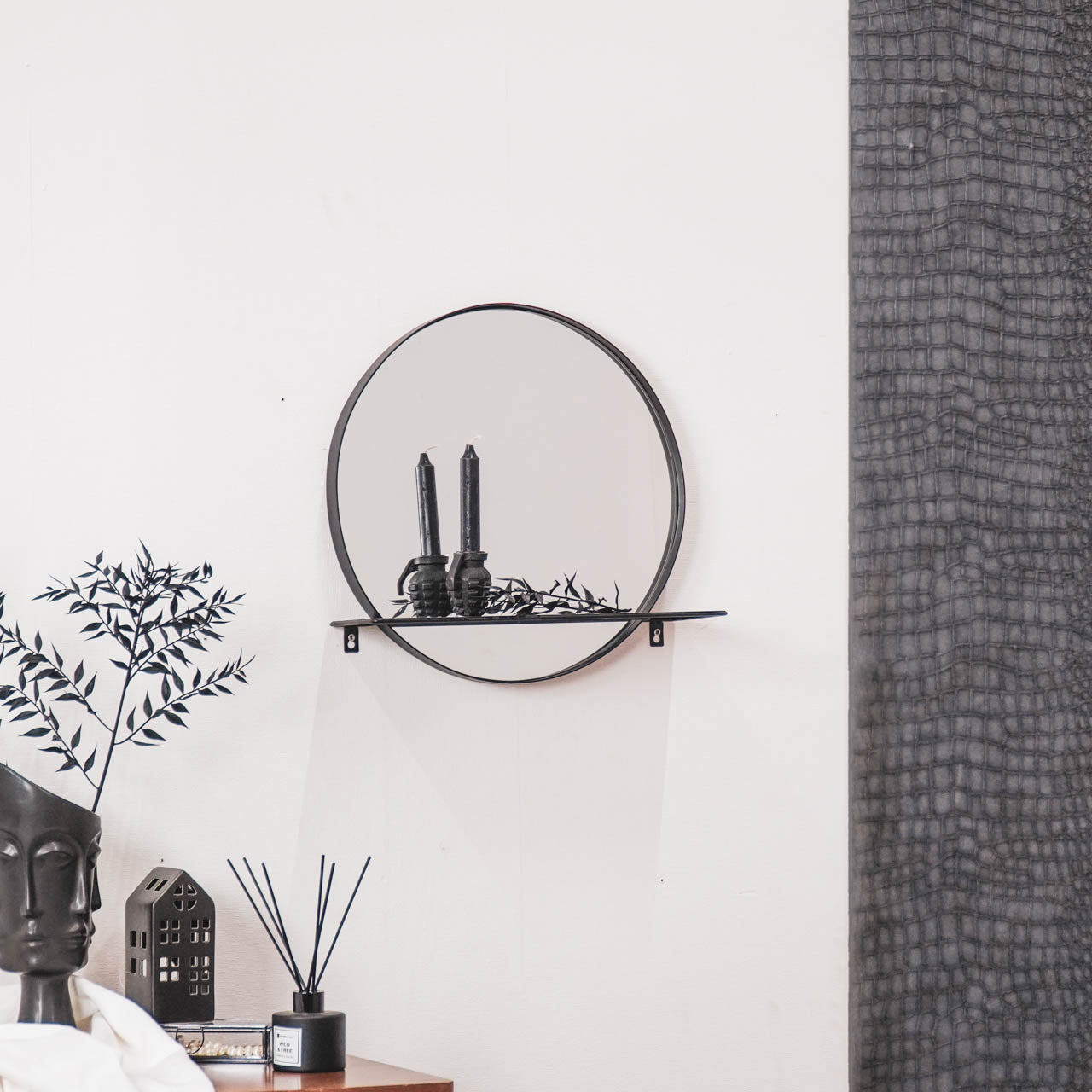 Lina Spiegel met Plank – Rond - Zwart (40 cm)